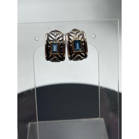 Signed 925 Sterling Silver 14k Yellow Gold Blue Topaz Omega Bali Earrings - Picture 8 of 13